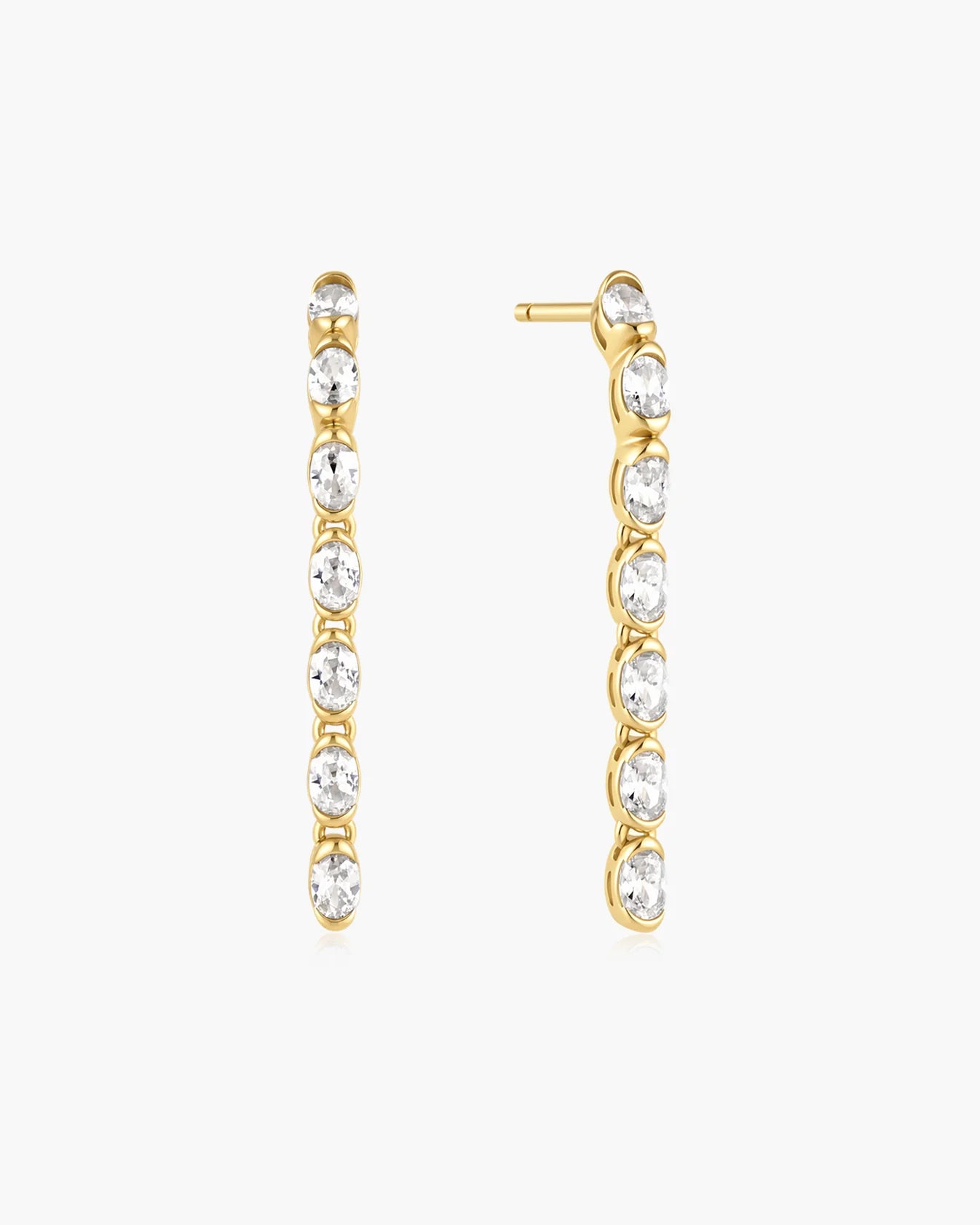 Gold Half-Bezel Oval Linear Dangle Stud Earrings