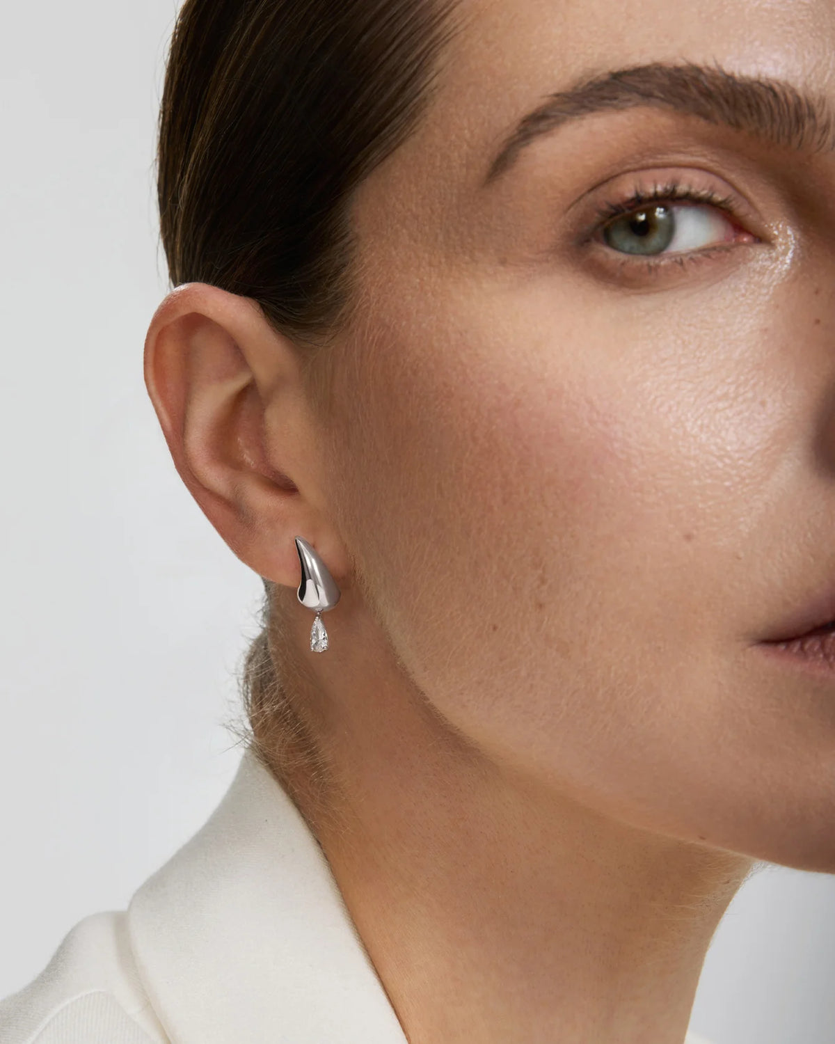 Silver Curved Teardrop Dangle Stud Earrings