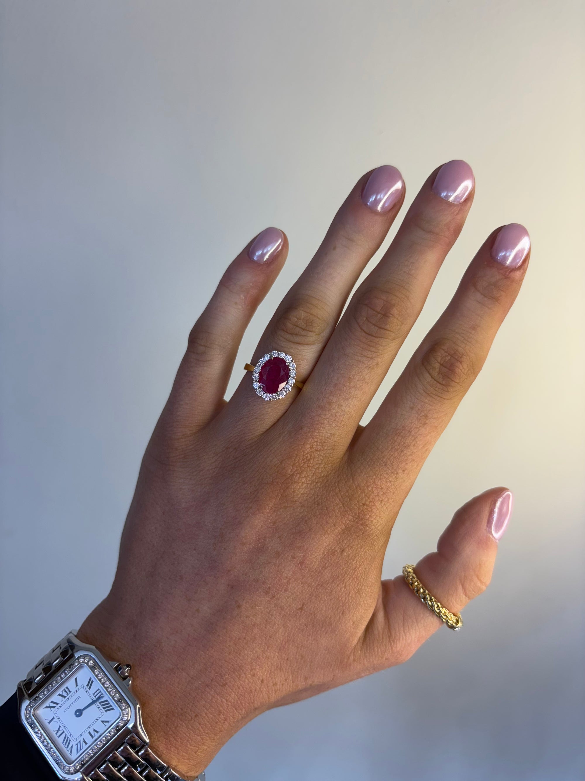 Ruby - 18ct Yellow Gold Ruby and Diamond Halo Earth Grown Ring