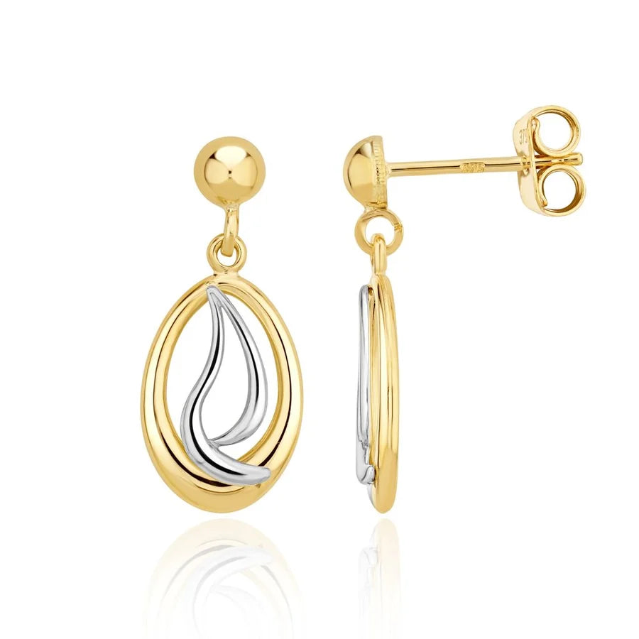 9ct Two Tone White &amp; Yellow Gold Open Oval Waves Design Drop Earrings