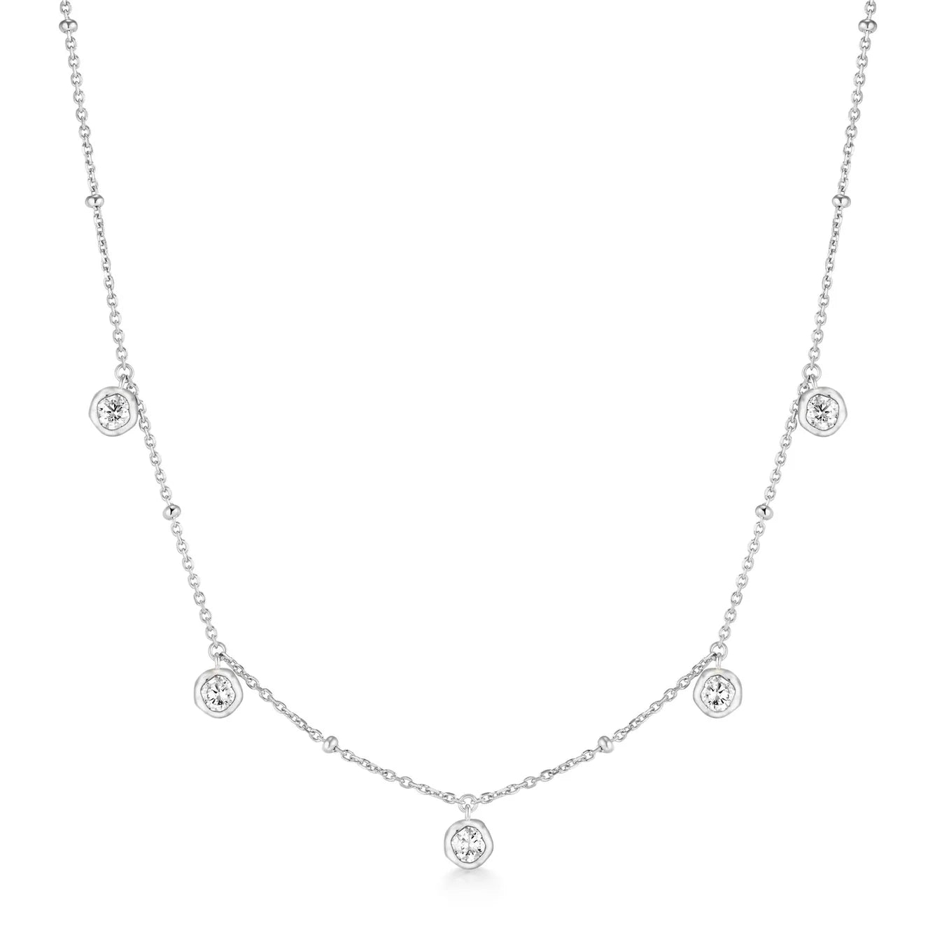 Silver Molten Bezel-Set Droplet Station Necklace
