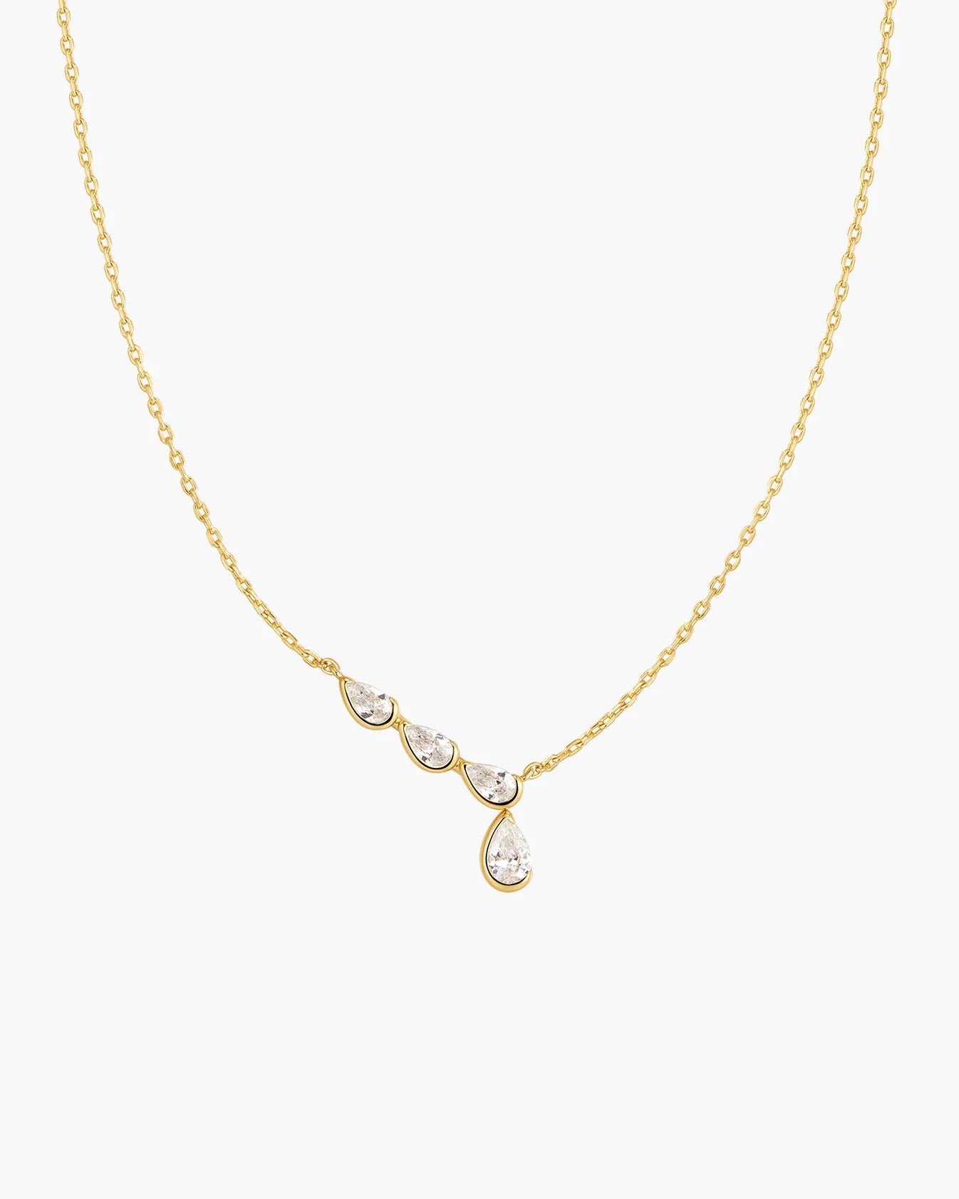 Gold Half-Bezel Angled &amp; Dangle Teardrop Necklace