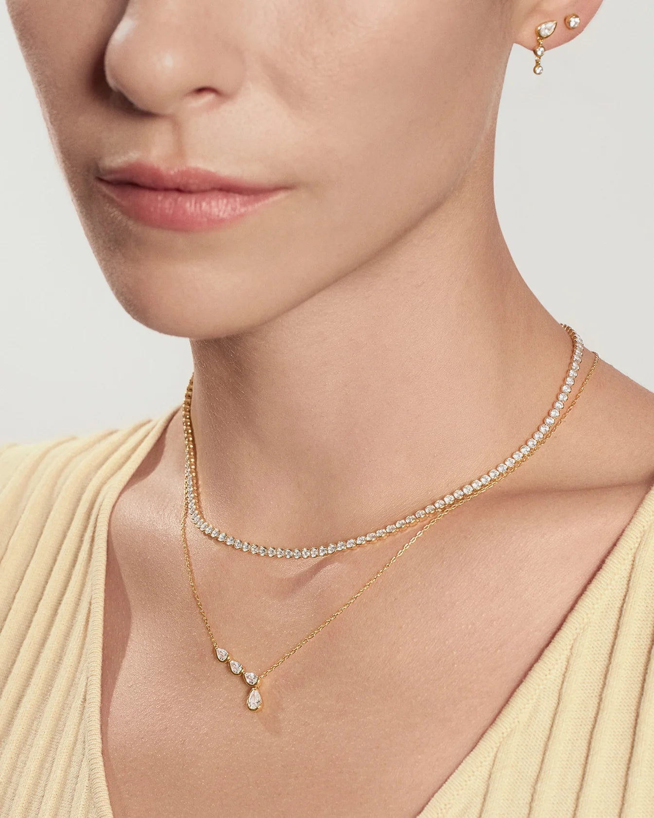 Gold Half-Bezel Angled &amp; Dangle Teardrop Necklace