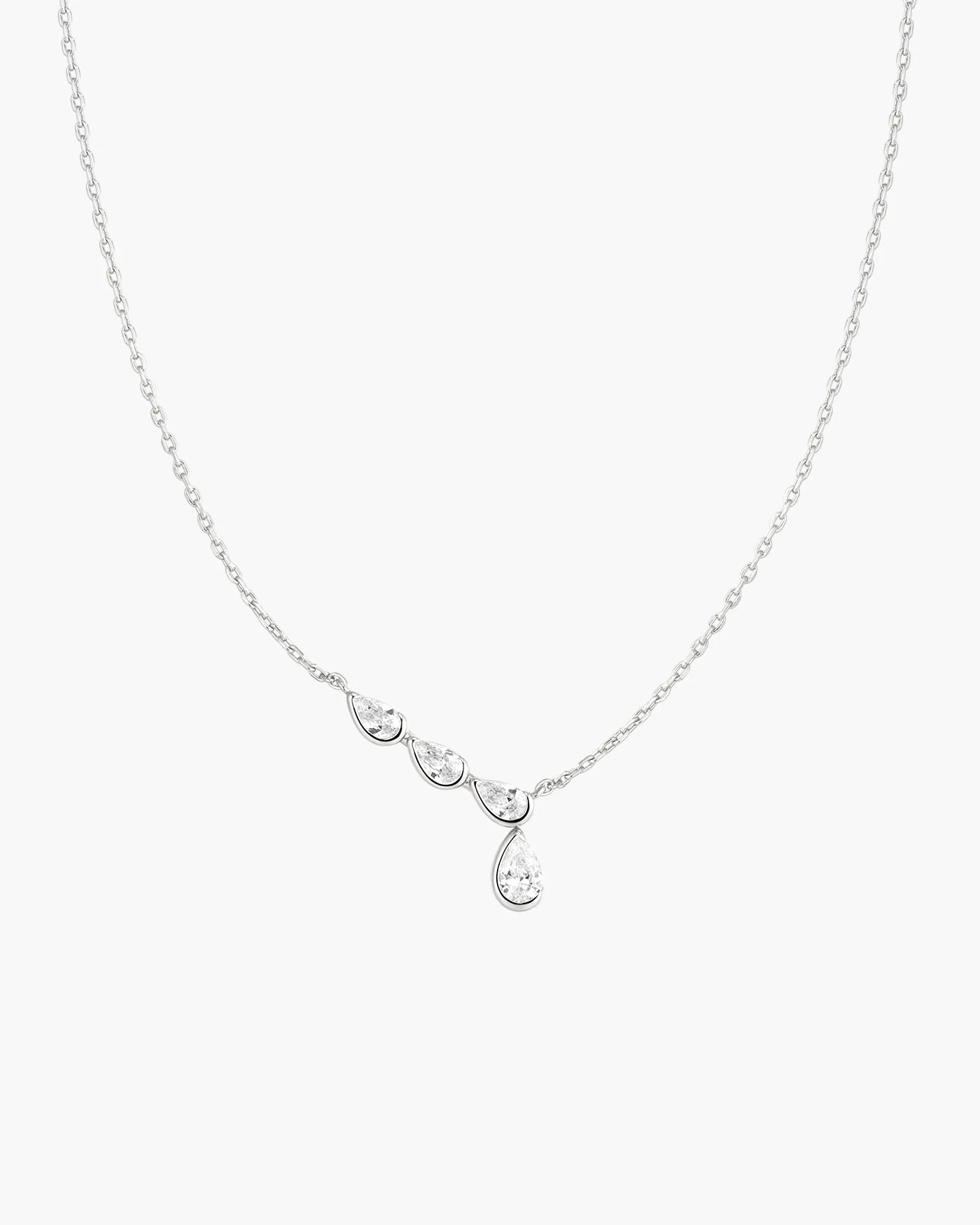 Silver Half-Bezel Angled &amp; Dangle Teardrop Necklace