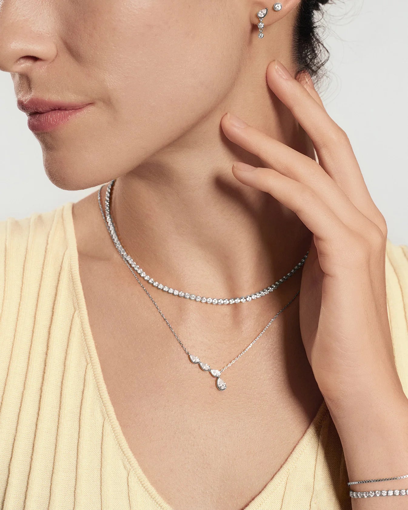 Silver Half-Bezel Angled &amp; Dangle Teardrop Necklace