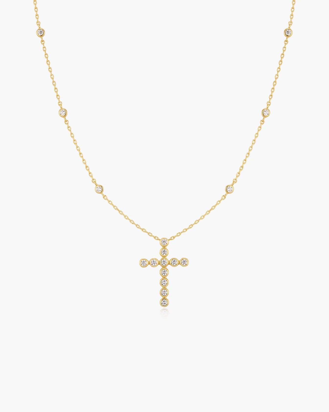 Gold Bezel-Set Station Necklace with Cross Pendant
