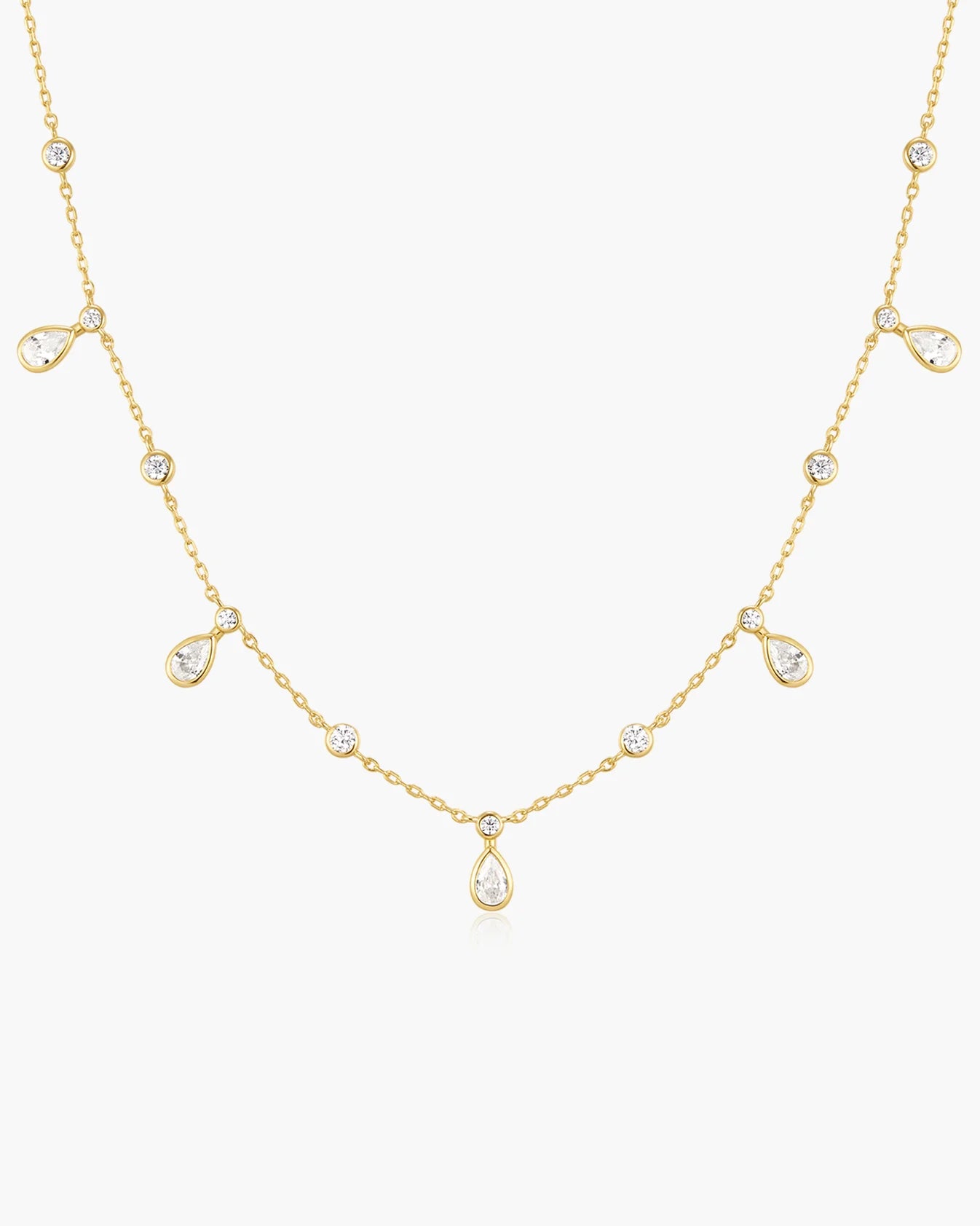 Gold Bezel Round &amp; Teardrop Drop Station Necklace