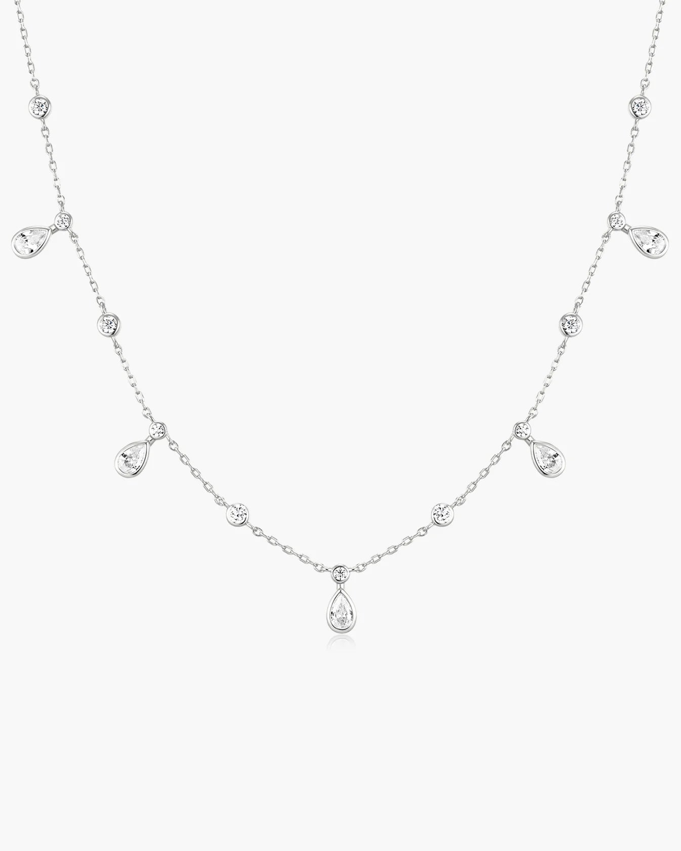 Silver Bezel Round &amp; Teardrop Drop Station Necklace
