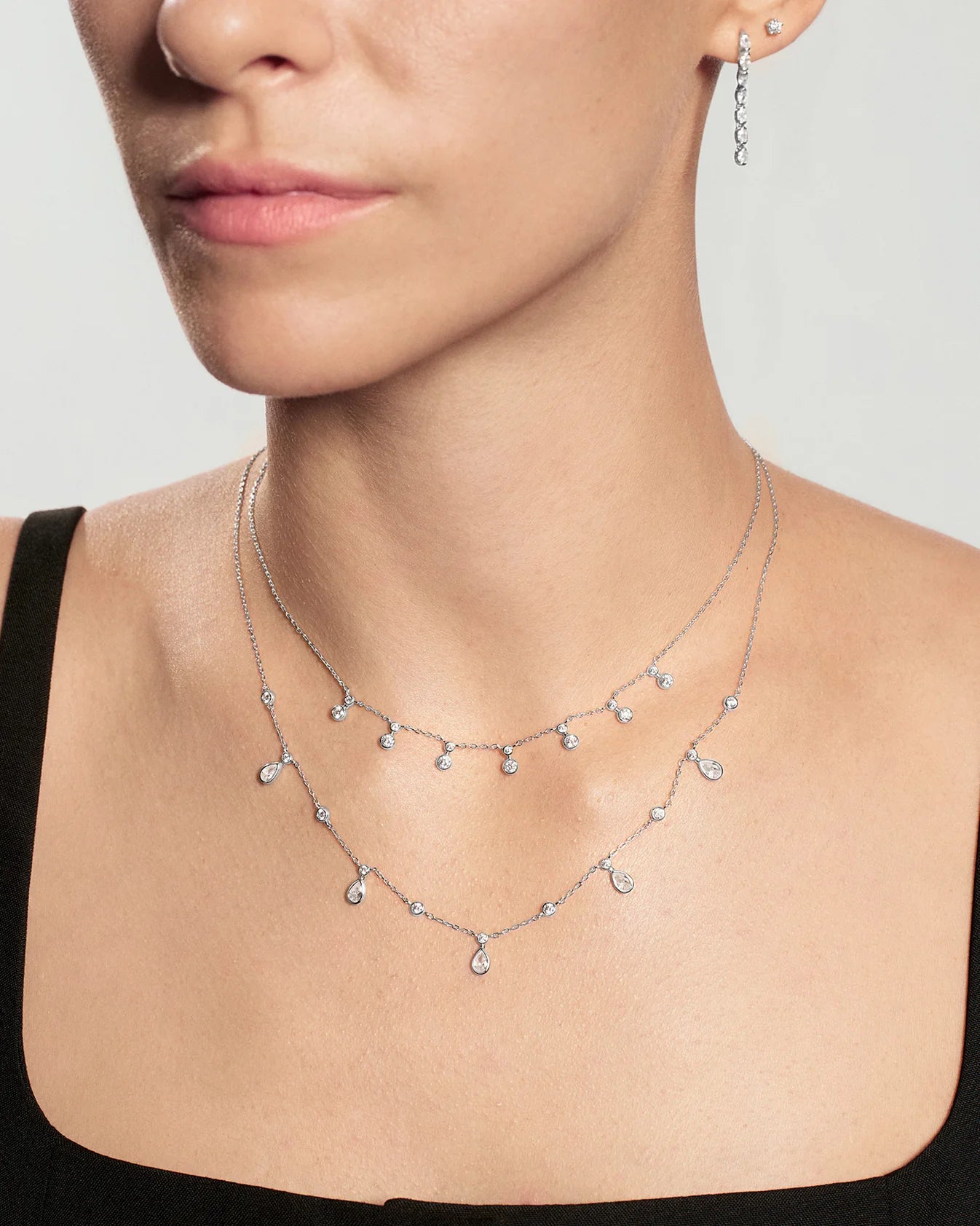 Silver Bezel Round &amp; Teardrop Drop Station Necklace