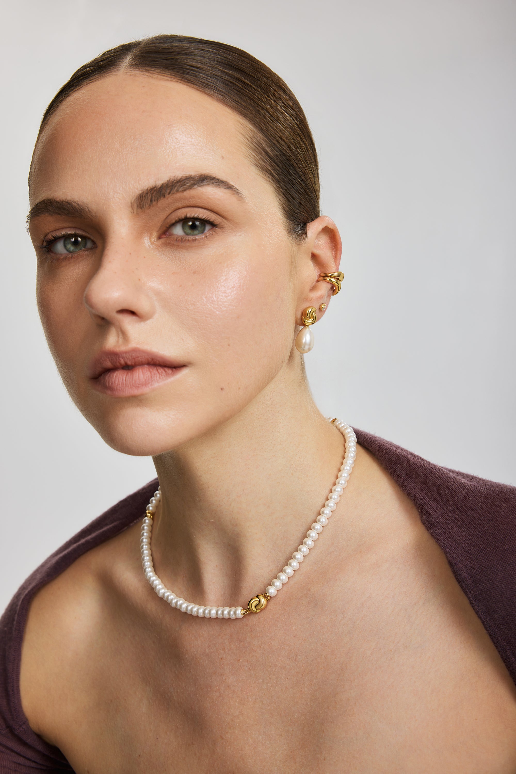 GOLD TWIST &amp; SHELL PEARL DROP STUD EARRINGS